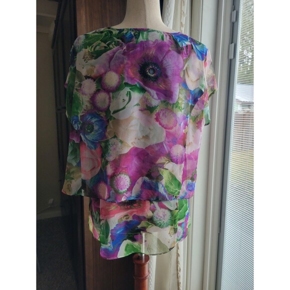 Sheer Bold Floral Tiered Double Layer‎ Cap Sleeve Blouse Top Large - Picture 3 of 9